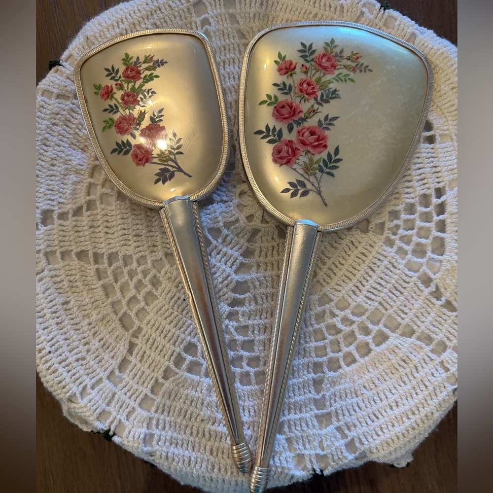 Elegant Silver and Cream Floral Vanity Set - Brush & Mirror